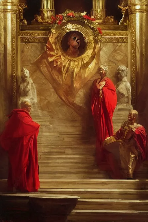Image similar to beautiful oil painting, steve buscemi in royal crimson robes enthroned as the god emperor of ancient rome a golden wreath upon his head, by anders zorn, wonderful masterpiece by greg rutkowski, beautiful cinematic light, american romanticism, by thomas lawrence, greg rutkowski