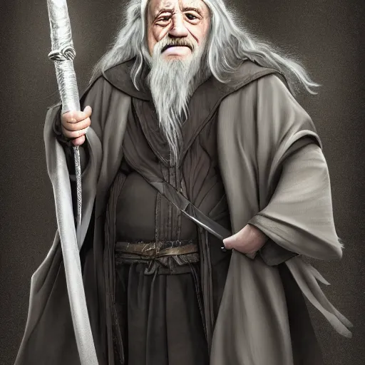 Image similar to danny devito as gandalf the white, lord of the rings, full body, high quality, wide angle, illustration, digital art