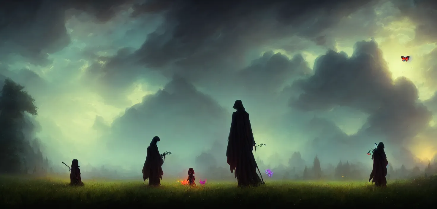 Prompt: the death as know as grim reaper seducing the child with glowing butterflies, cinematic view, epic sky, detailed, concept art, low angle, high detail, warm lighting, volumetric, godrays, vivid, beautiful, trending on artstation, by jordan grimmer, huge scene, grass, art greg rutkowski