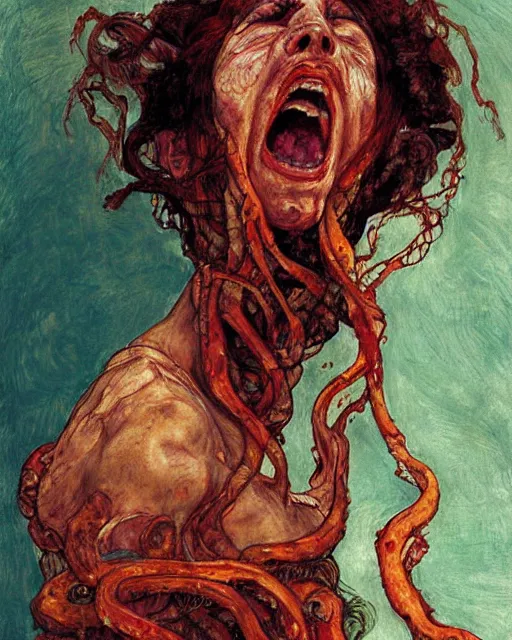 Prompt: portrait of screaming medusa by greg rutkowski in the style of egon schiele