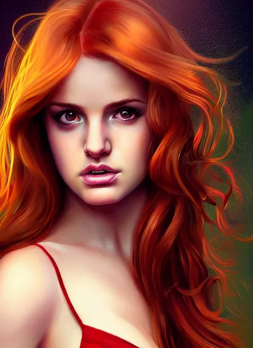 Image similar to full body portrait of teenage cheryl blossom, bangs, green eyes, sultry expression, red hair, sultry smirk, bangs and wavy hair, bangs, intricate, elegant, glowing lights, highly detailed, digital painting, artstation, concept art, smooth, sharp focus, illustration, art by wlop, mars ravelo and greg rutkowski