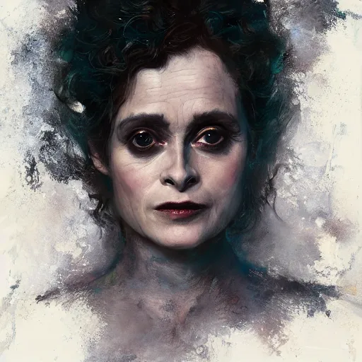 Prompt: expressive oil painting, alien dark fae girlboss based on helena bonham carter mixed with sigourney weaver, bumpy mottled skin, big black feathered wings instead of arms, body horror, by yoshitaka amano, by greg rutkowski, by jeremy lipkinng, by artgerm, digital art, octane render