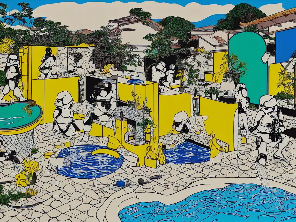 Image similar to hyperrealism composition of the japanese house with a hot springs in the garden, two detailed stormtroopers bathe in a hot spring, pop - art style, jacky tsai style, andy warhol style, roy lichtenstein style, round canvas, acrylic on canvas