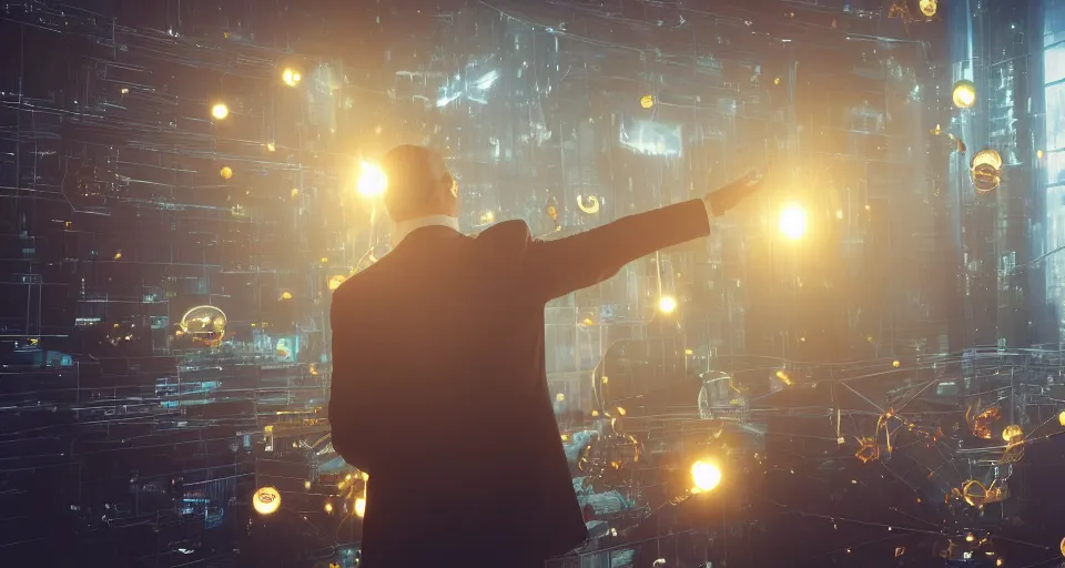 Image similar to Dramatic photo of a CEO waving to a large group of his coworkers in a futuristic office. Golden coins are levitating all around them. 8k, high detail, trending on Artstation, volumetric lighting, cyberpunk