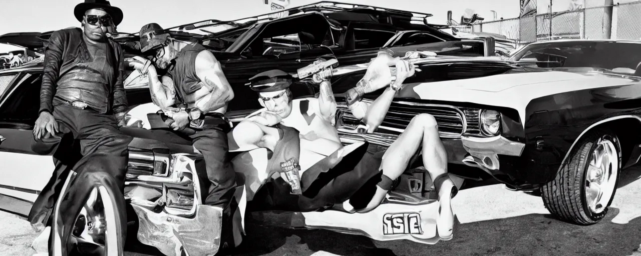 Image similar to gangsta boasting with cash and guns in front of a muscle car