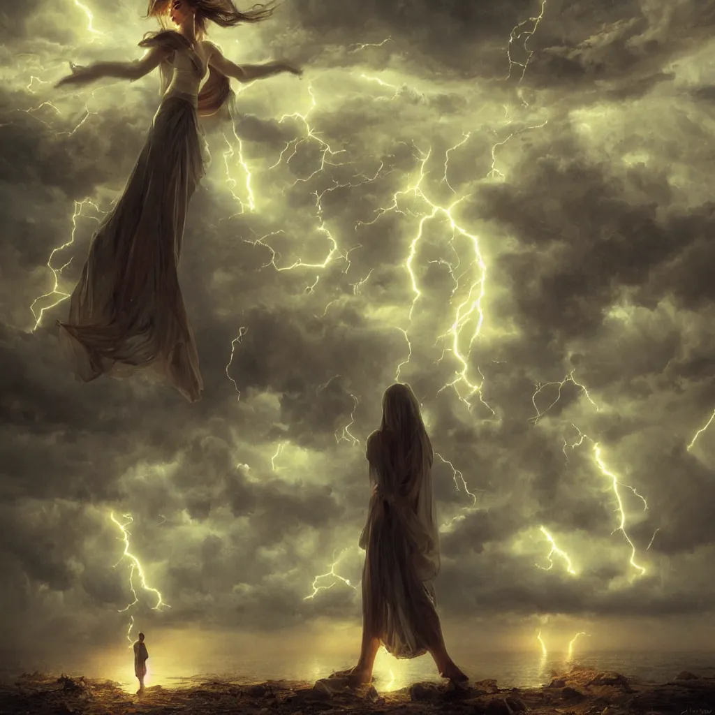 Prompt: huge towering magical lightning storm, extreme drama, distant glowing figures, hdr, movie still, fully photorealistic, sharp luminescent focus, nd 6, art by john collier, albert aublet, krenz cushart, artem demura, alphonse mucha, diffuse lighting, artstation, smooth, textless, sharp focus,