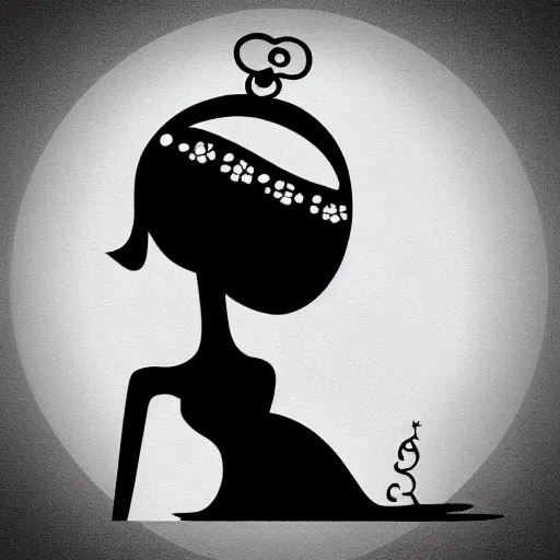 Image similar to beautiful woman with an halo, wearing an black dress and sitting in an piano, 3 0 s cartoon style art