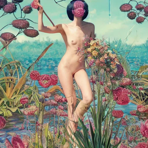 Image similar to pretty model with botanical and water lilies : : by martine johanna and simon stalenhag and chie yoshii and casey weldon and wlop : : ornate, dynamic, particulate, rich colors, intricate, elegant, highly detailed, vogue, harper's bazaar art, fashion magazine, smooth, sharp focus, 8 k, octane render