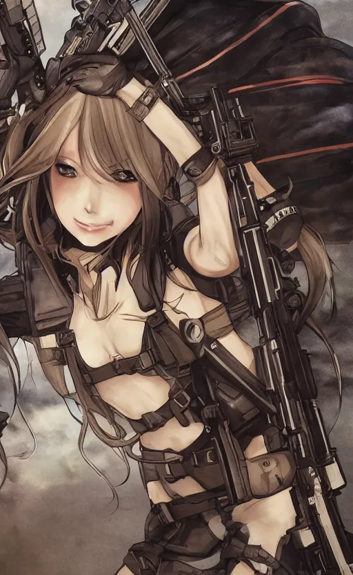 Image similar to soldier girl shooting, trading card front, anime style, long hair, hair down, symmetrical facial features, symmetrical body features, from girls frontline, hyper realistic, pale skin, 4k, rule of thirds, extreme detail, detailed drawing, trending artstation, hd, fantasy, D&D, realistic lighting, by Alphonse Mucha, Greg Rutkowski, sharp focus, backlit, soldier clothing