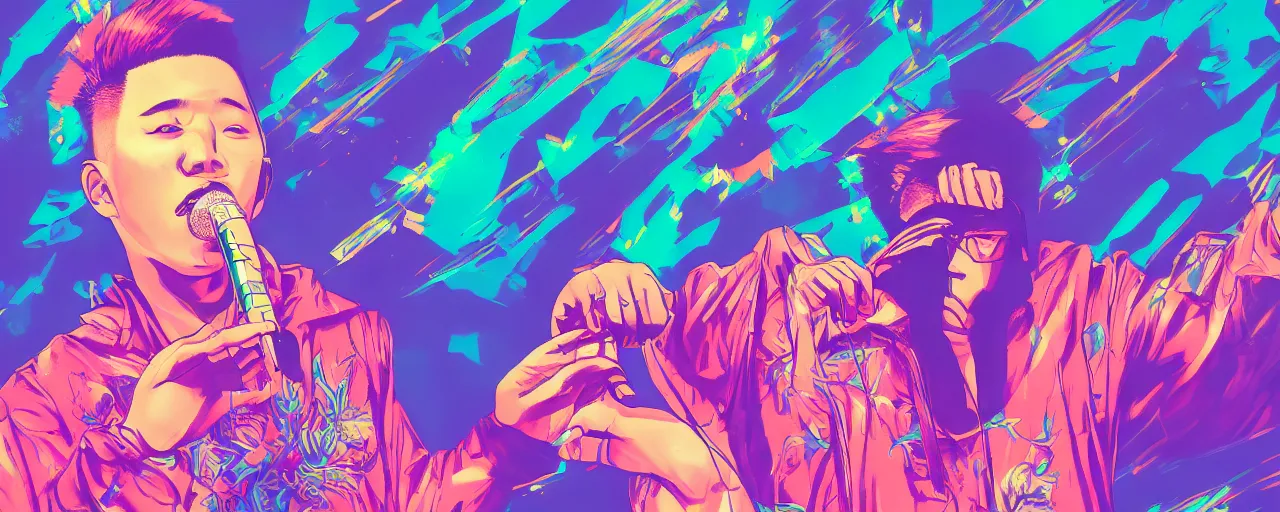 Prompt: Asian rapper holds microphone straight out, digital art, vapor wave, hip hop, psychedelic, surreal, trending on Artstation, professional artist, detailed, 4k