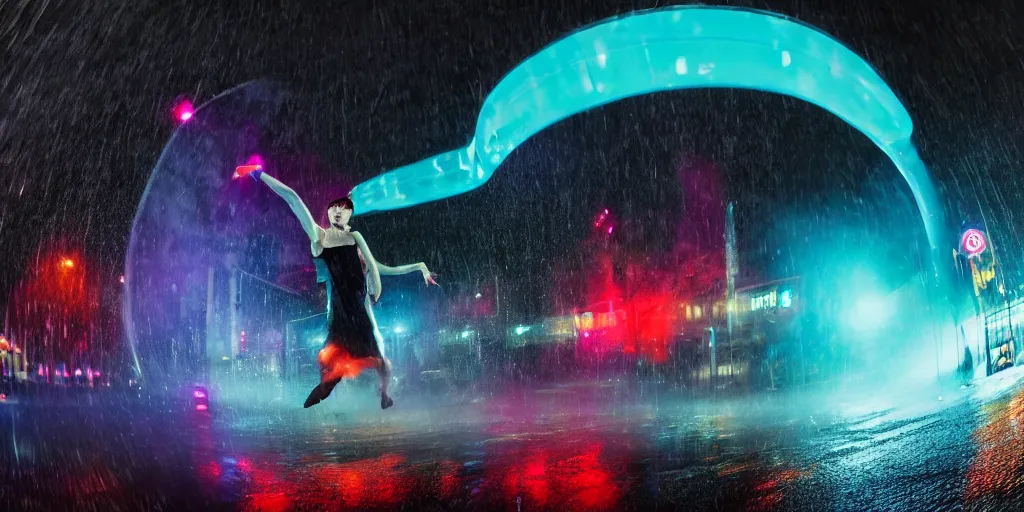 Prompt: fisheye lens slow motion with trail effect of futuristic break dancer wearing floating long dress with neon lights, long exposure shot , at night in the middle of a rainy wet street, paddle of water, steam, fog, water splashes, rim lights, glossy reflections, water droplets on lens, octane render, dark and dramatic, fire explosions in the background, detailed and soft, fisheye lens, smooth, sharp focus, illustration, art by artgerm and greg rutkowski and Annie Leibovitz, graphic glitches, vogue, editorial fashion photography