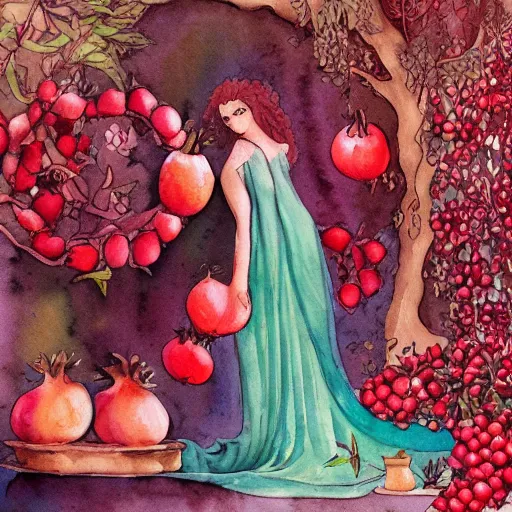 Image similar to Persephone surrounded by pomegranates, beautiful, elegant, watercolor, render, trending on artstation