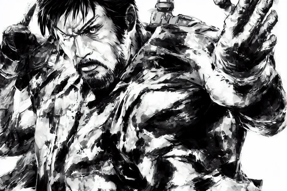 Image similar to a full - body portrait of chow yun - fat, in yoji shinkawa's art style, metal gear solid art style highly detailed, 4 k, artistic, white background, b & w