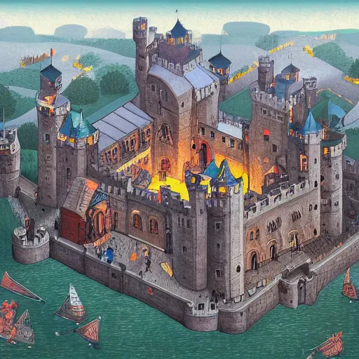 Image similar to an isometric view of crowded medieval castle in the middle of england, illustration, art, hyper detailed, foggy, cinematic