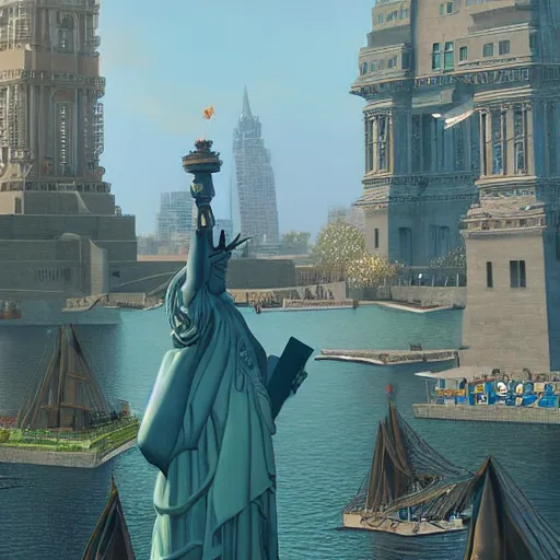 Prompt: the statue of liberty in a disney movie, au naturel, hyper detailed, digital art, trending in artstation, cinematic lighting, studio quality, smooth render, unreal engine 5 rendered, octane rendered, art style by klimt and nixeu and ian sprigger and wlop and krenz cushart.