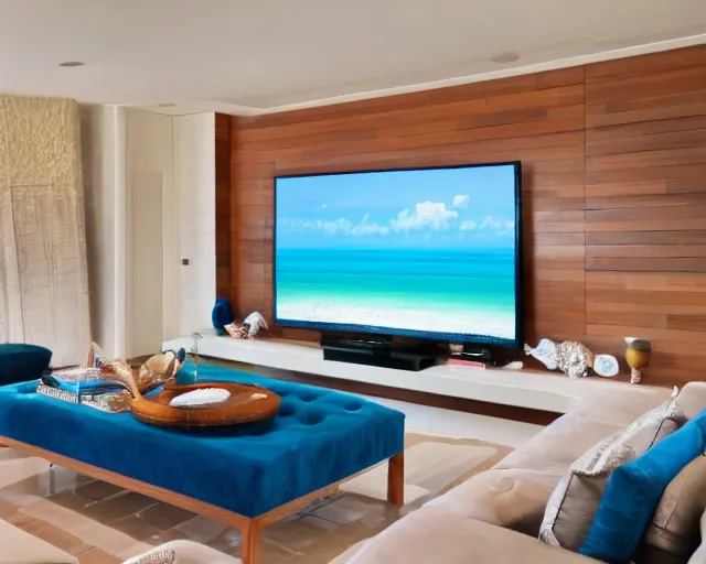 Image similar to A modern living room inspired by the ocean, a luxurious wooden coffee table with large seashells on it, A huge television, amazing detail, 8k resolution, blue color, calm, relaxed style, harmony, wide angle shot