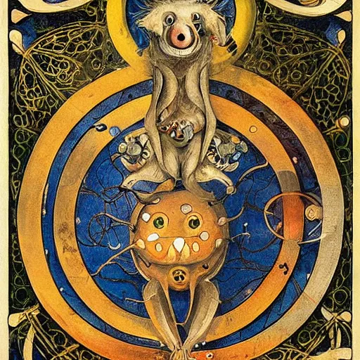 Image similar to furry freaky creature sings a unique canto about'as above so below'being ignited by the spirit of haeckel and robert fludd, breakthrough is iminent, glory be to the magic within, style of grotesques from medieval illuminated manuscripts