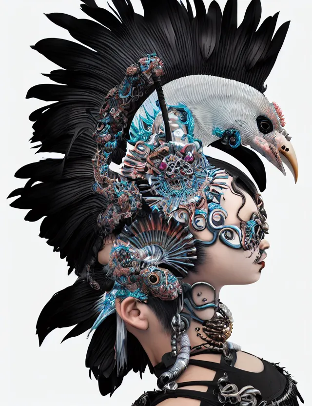 Image similar to 3 d goddess close - up profile portrait punk with mohawk with ram skull. beautiful intricately detailed japanese crow kitsune mask and clasical japanese kimono. betta fish, jellyfish phoenix, bio luminescent, plasma, ice, water, wind, creature, artwork by tooth wu and wlop and beeple and greg rutkowski