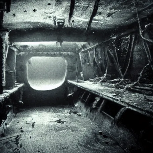 Image similar to the interior of a flooded rusty shipwreck, dark, scary lighting, scary, creepy, eerie, horror, submechanophobia, murky water, underwater photograph,