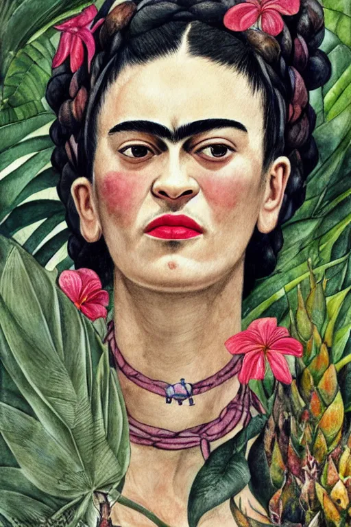 Image similar to frida kahlo realistic portrait closeup surrounded by tropical plants and flowers, art by luis royo and walter crane and kay nielsen, watercolor illustration,