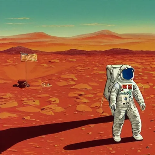 Image similar to astronaut walking on Mars with a rover in the background, Vintage Magazine Illustration