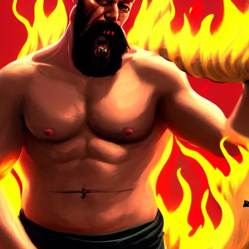 Image similar to bald boxer with chest tattoos with van dyke black beard on fire, digital art, cinematic, concept art, 8k, painting, imaginefx, cgsociety, syd mead, trending on artstation, wide shot, full shot