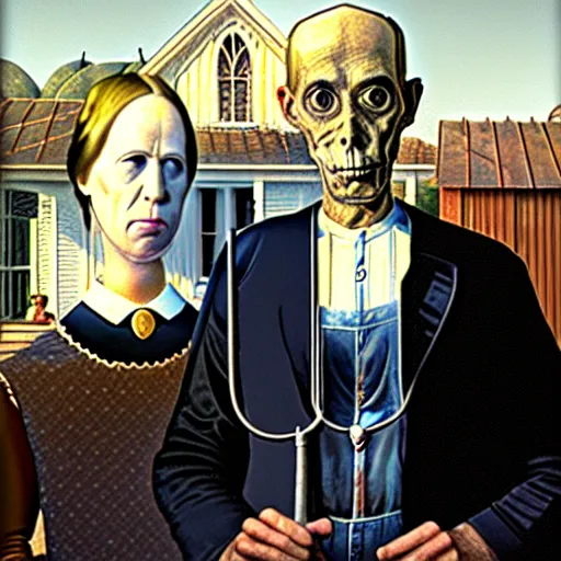 Image similar to of two scary cyborgs as the couple in the painting american gothic 4 k photorealism hd