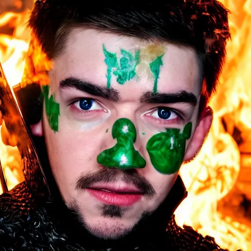 Image similar to jacksepticeye wearing medieval irish armor, looking somewhere in the distance, flames surrounding him, game of thrones cover art, 8k, studio light