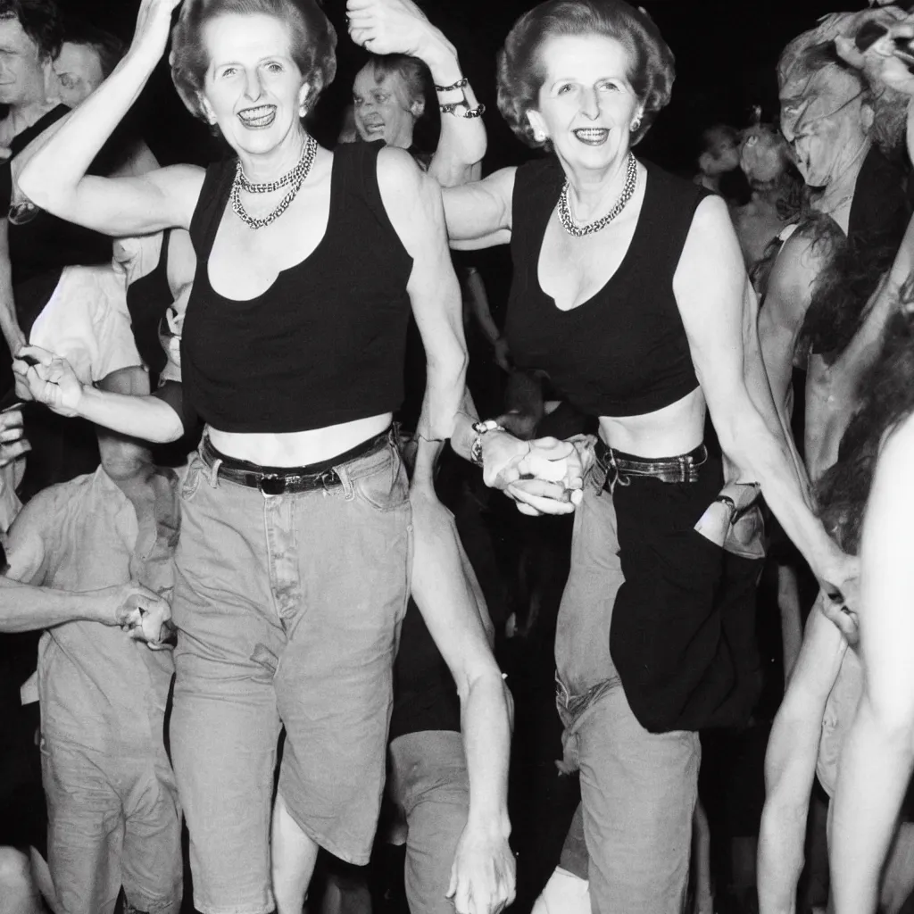 Prompt: margaret thatcher smiling, dancing in a night club wearing a black crop tank top and jeans shorts, photography