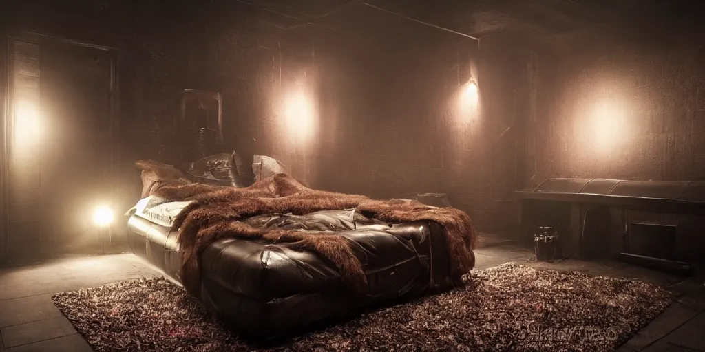 Prompt: night time, moody dark, dark purple leather dungeon bedroom in the style of blade runner 2 0 4 9