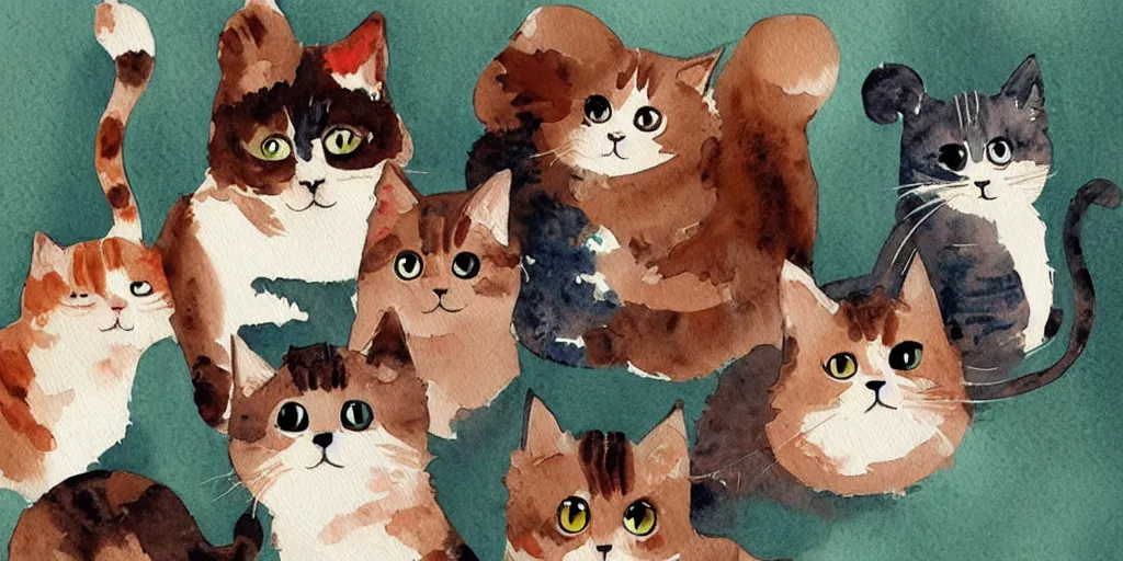 Image similar to watercolor illustration style, cute! cats!!! play with different things