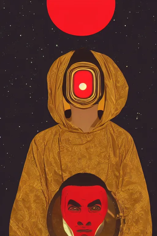 Image similar to portrait of a man with a mask on his face in the form of a spiral in a golden kimono, full face, against the background of a bright red moon, sad motif, ilya kuvshinov, dramatic, soft colors, futuristic, 8 k