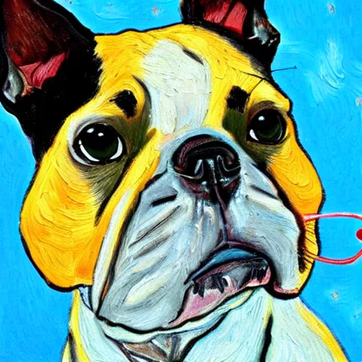 Image similar to a painting of a boston terrier eating cheese, in the style of van gogh, highly detailed