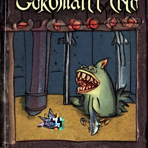 Prompt: a goblin talking to a fish in a medieval castle, book cover