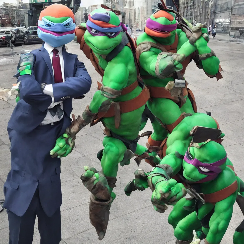 Prompt: a teenage mutant ninja turtle in a suit