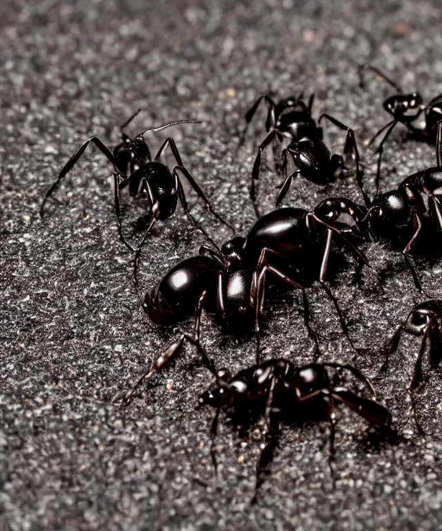 Image similar to high quality presentation photo of cute anthropomorphic black ants eating alien bugs, photography 4k f1.8 anamorphic bokeh 4k Canon Nikon