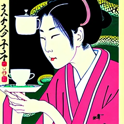 Image similar to Beautiful Japanese woman drinking tea with a snake by Toshio Saeki ultra high detailed