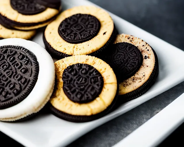 Image similar to dlsr food photograph of an oreo dipped in ketchup, on a white platebokeh, 5 0 mm f 1. 4