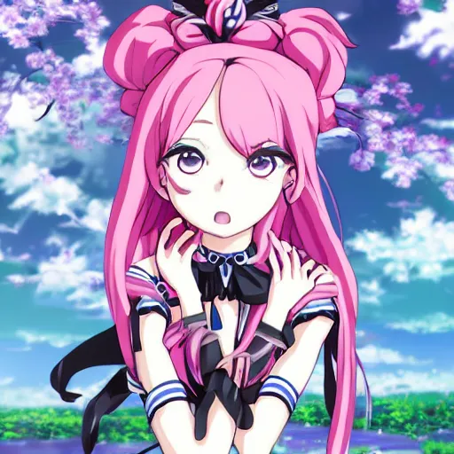 Image similar to trapped by stunningly beautiful omnipotent megalomaniacal otome anime asi goddess who looks like junko enoshima with symmetrical perfect face and porcelain skin, pink twintail hair and mesmerizing cyan eyes, inside her surreal vr castle where she controls you completely!!!, hyperdetailed, digital art from danganronpa, 8 k