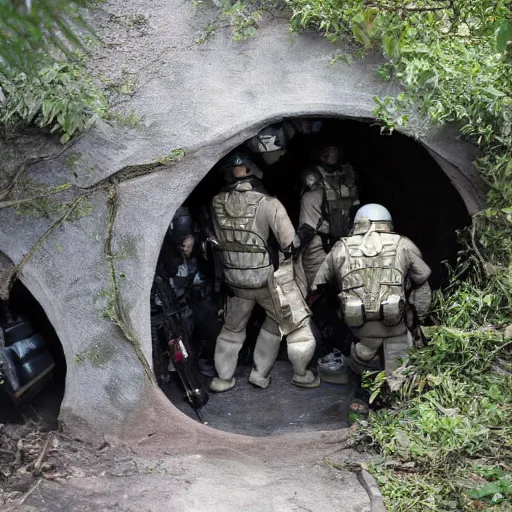 Image similar to swat team raid on a hobbit hole in the shire