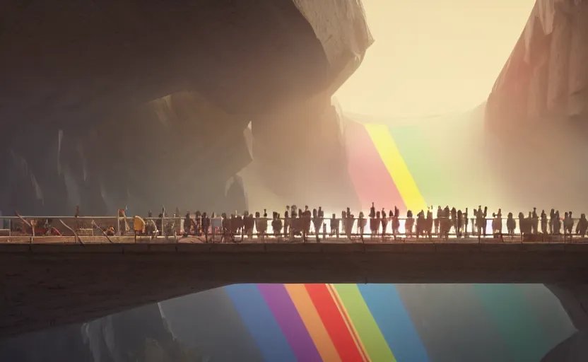 Image similar to incredible, mindblowing, refugees crossing a bridge made of rainbow, matte painting, makoto shinkai, artstation, cgsociety, dramatic lighting, concept art, octane render, arnold 3 d render