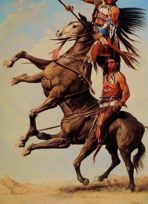 Prompt: powerful native american warrior!! beautiful native american sitting on horse, nineteenth century painting, painted by frank frazetta