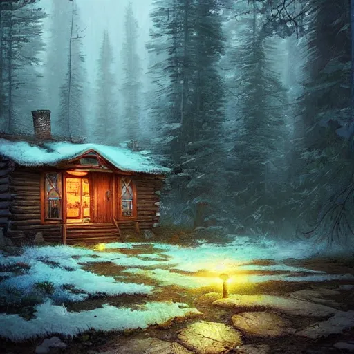 Prompt: a wooden cabin in the woods, magical forest, by Jordan Grimmer and greg rutkowski, crisp lines and color,