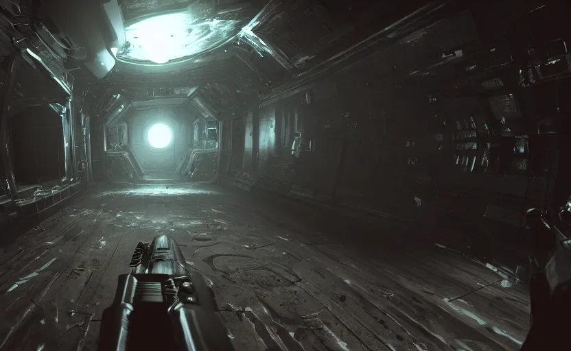 Prompt: in - game screenshot, horror game, astronaut, cosmic horror, inside spaceship, unreal engine 5, ultra, third person