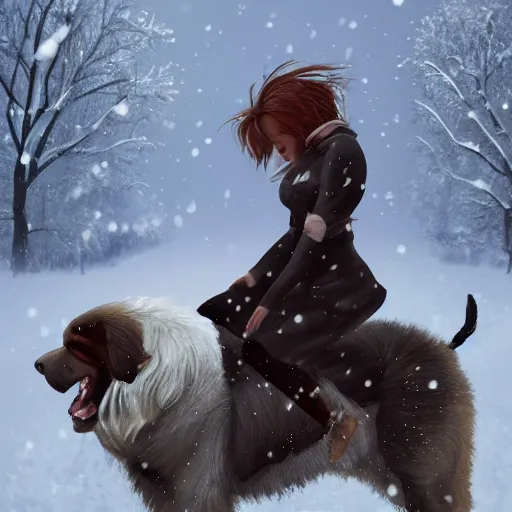 Image similar to girl riding a giant saint Bernard in a snowy park, trending on artstation
