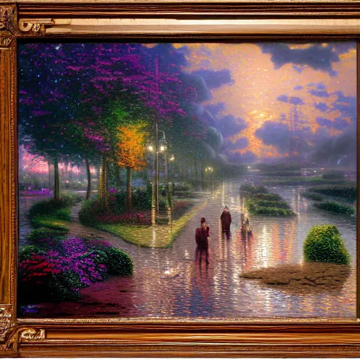 Prompt: the rain by thomas kinkade and alex grey, highly detailed, 8 k, oil on canvas, masterpiece