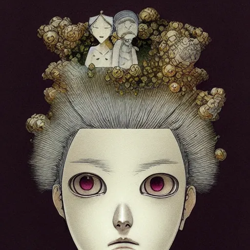 Image similar to prompt: Fragile looking vessel portrait face drawn by Katsuhiro Otomo, inspired by Carlo Dolci, magical and alchemical objects on the side, soft light, white background, intricate detail, intricate ink painting detail, sharp high detail, manga and anime 2000