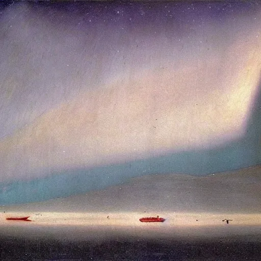 Image similar to the epic abstract painting'blue arctic void with black and red aurora borealis above a tiny inuit village ', by caspar david friedrich!!!, by rothko!!!, stunning masterpiece, trending on artstation