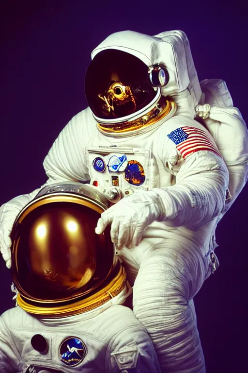 Image similar to extremely detailed studio portrait of space astronaut, tentacle coming out of mouth, helmet is off, helmet i in lap, full body, soft light, golden glow, award winning photo by nasa