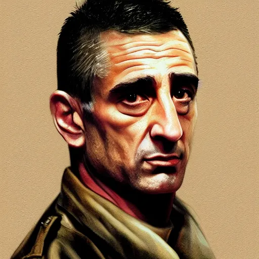 Image similar to realistic portrait of travis bickle ( robert deniro ), trending on artstation, low angle oil painting and composition laws, cinematic lighting, hyperdetailed, cgsociety, 8 k, martin scorsese cinematography, taxi driver